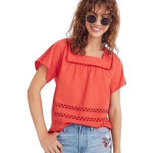 Madewell Women's Coral Red Eyelet Scalloped Hem Angelica Blouse Size S
